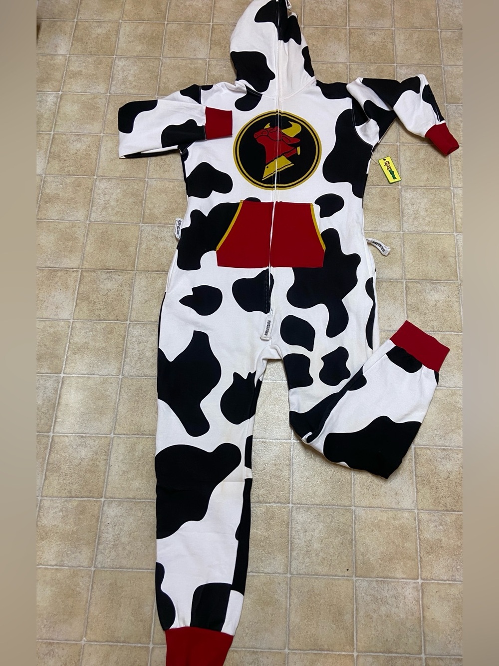 ROOSTER TEETH Cow Chop-Print Hooded Adults One-Piece Footie with Red Accents